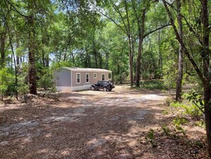 Situated in a secluded wooded area, this cozy home offers a simple living space with a porch and a flat roof.