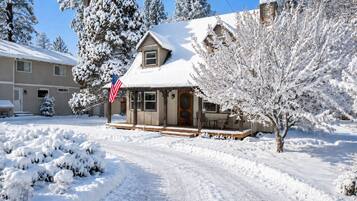 Zona residenziale innevata con una casa che ha un portico e una bandiera.