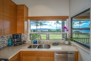 Luxury Condo | Private kitchen | Full-size fridge, microwave, oven, stovetop