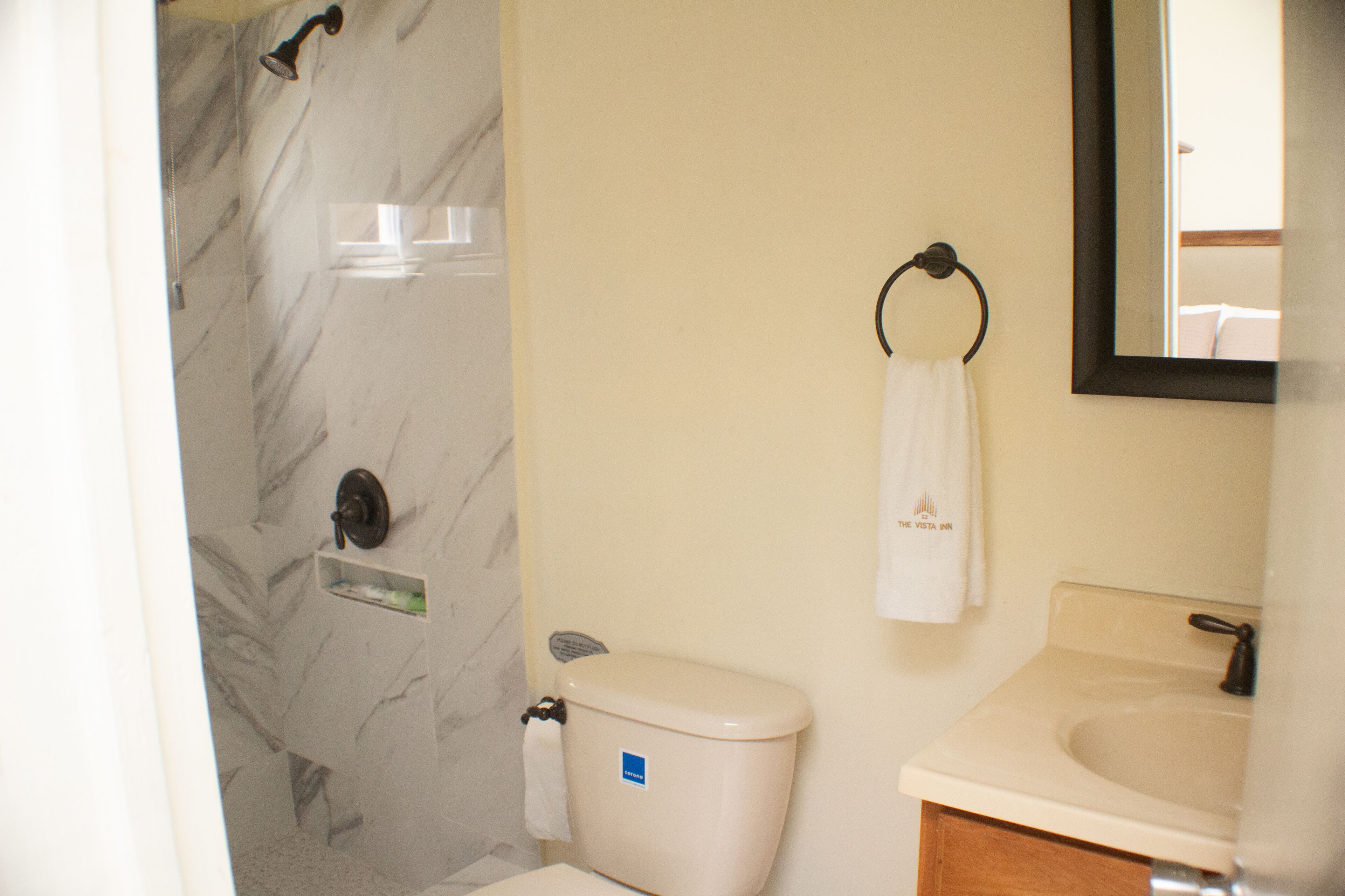 A bathroom with a marble shower wall, a toilet, a sink, and a mirror.