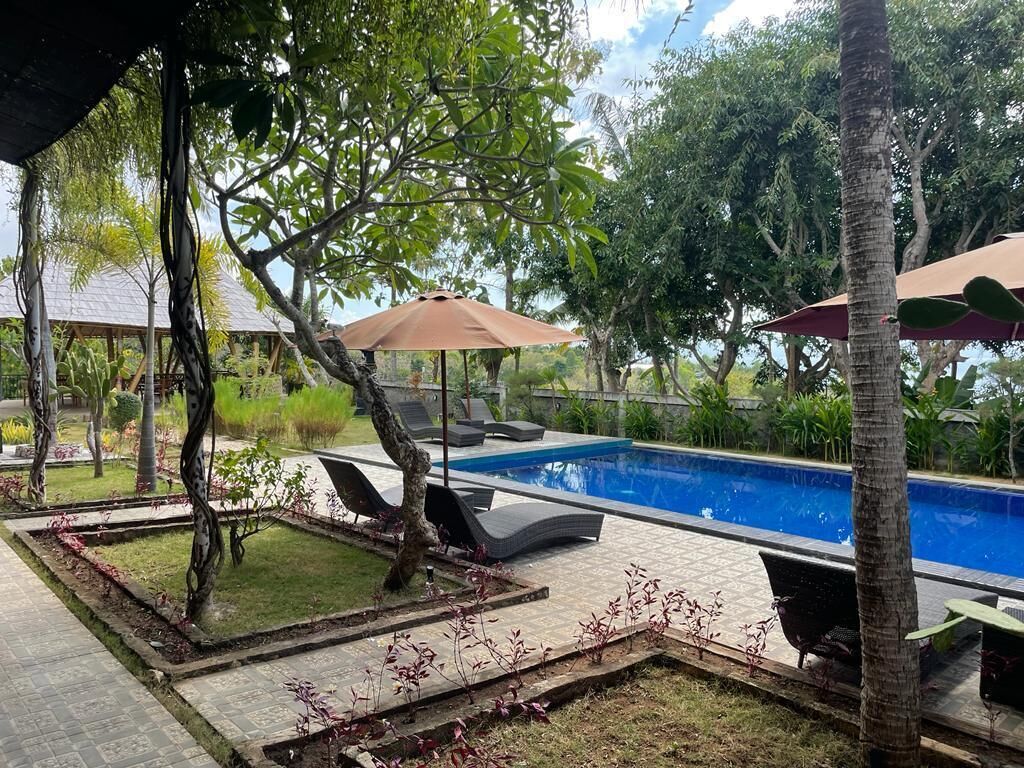 A swimming pool area with lounge chairs and umbrellas, surrounded by greenery and a covered seating area.