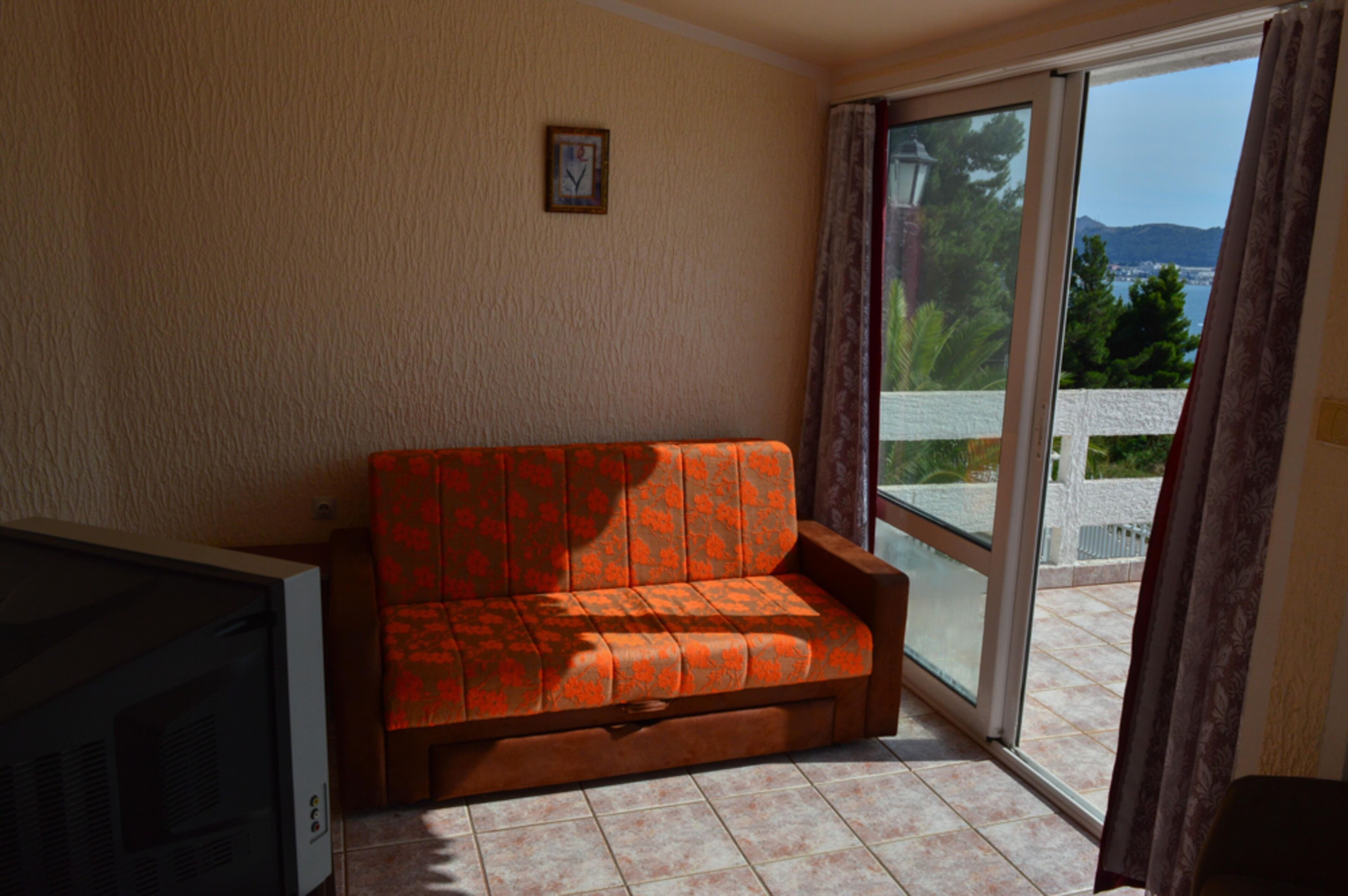 A room with a sofa, a television, and a view of the outdoors through a sliding glass door.