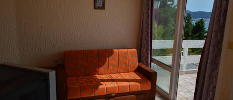A room with a sofa, a television, and a view of the outdoors through a sliding glass door.