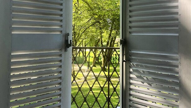 Blick durch offene weiße Fensterläden in einen umzäunten Garten mit Bäumen.