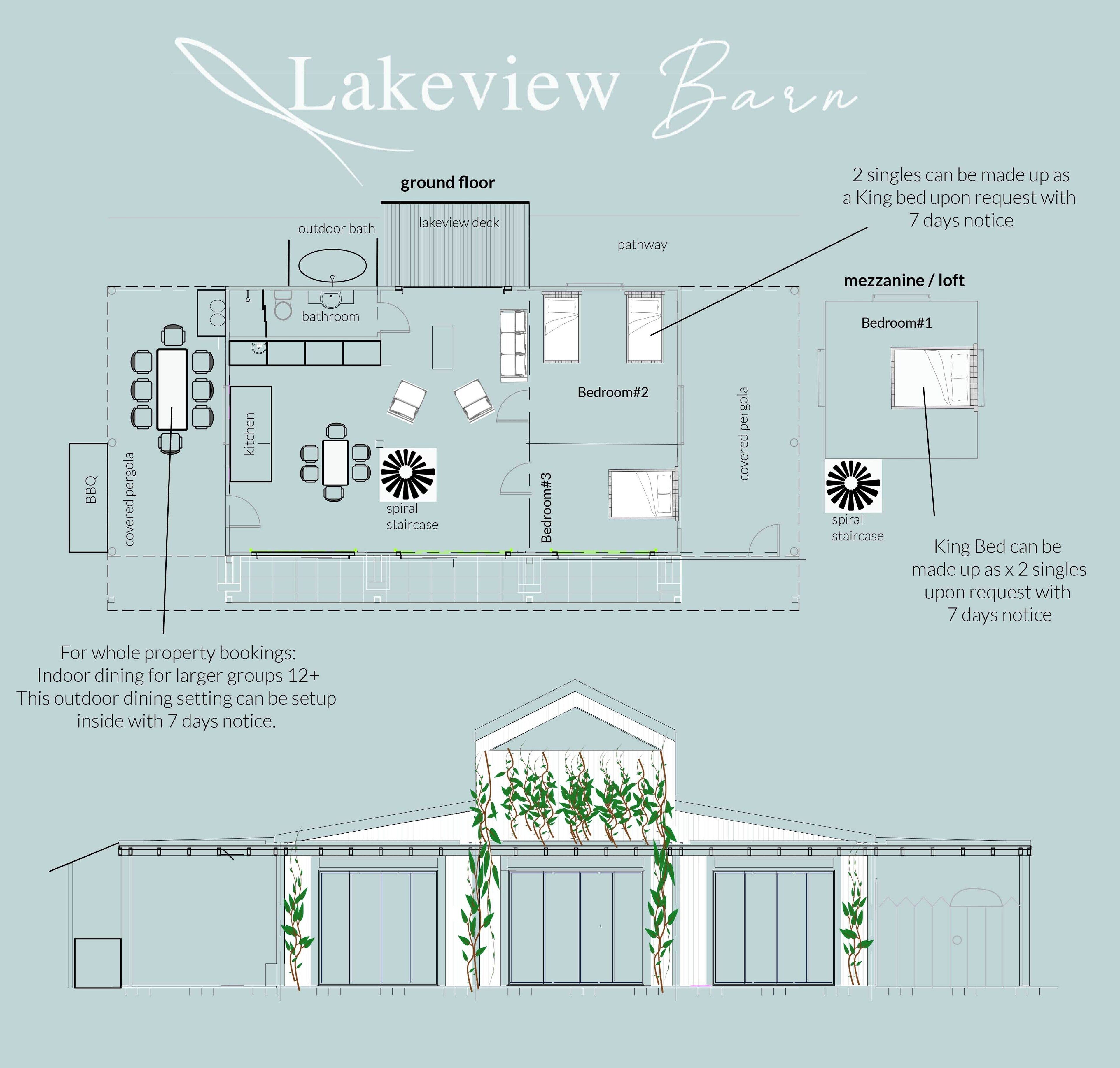 Voici un plan d’étage de Lakeview Barn, avec une disposition du rez-de-chaussée comprenant une cuisine, un coin repas, trois chambres, une salle de bain et un bain extérieur. Il comprend également une pergola couverte, un escalier en colimaçon et une mezzanine/espace de jeu.