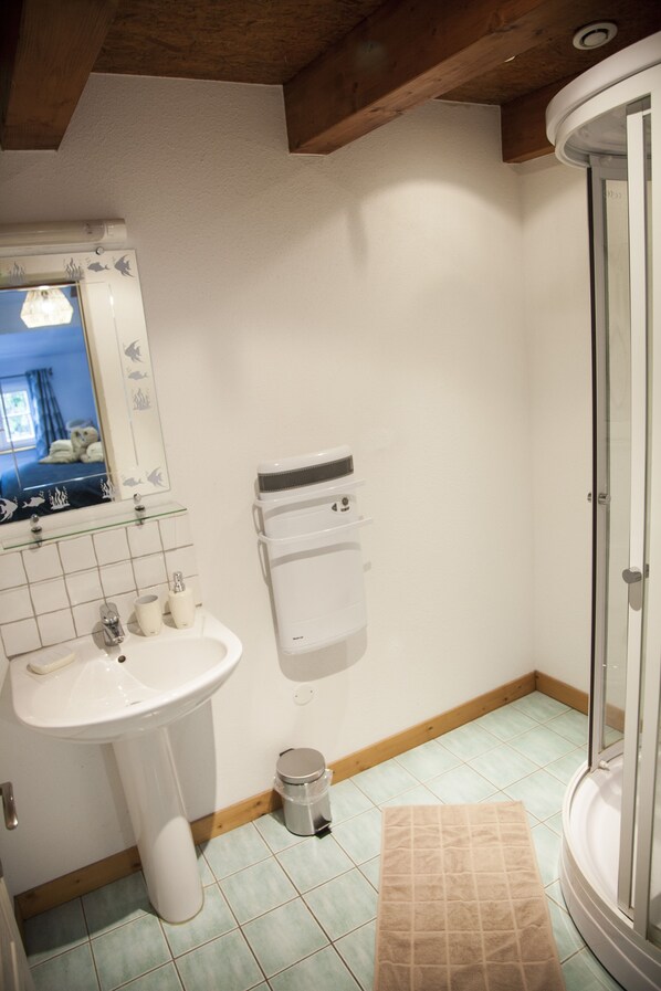 Une salle de bain avec un lavabo, un miroir et une douche.