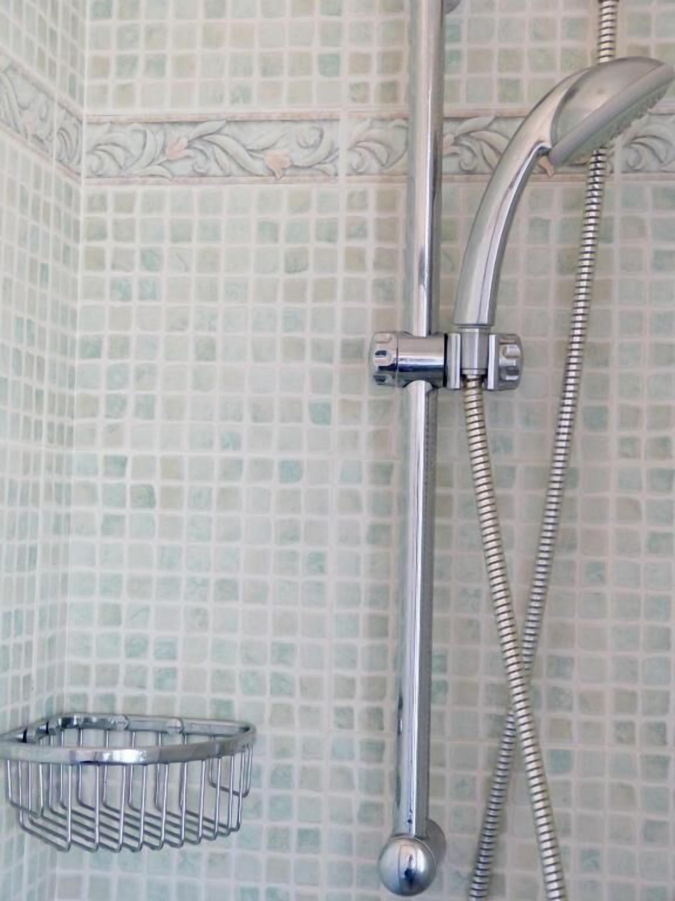 A shower with a chrome head and hose, a chrome showerhead, and a chrome shower tray.