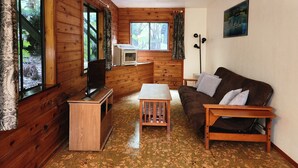 A cozy cabin interior with wooden walls, a brown couch, a wooden table, a TV, and a small kitchenette. - The Pacifica Inn/ 
The Gecko Room (Volcano)
