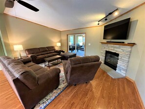 TV, fireplace, foosball