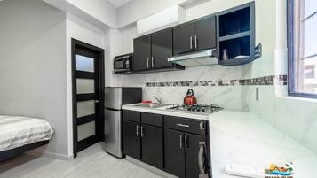Kühlschrank, Mikrowelle, Herdplatte, Wasserkocher mit Kaffee-/Teezubehör