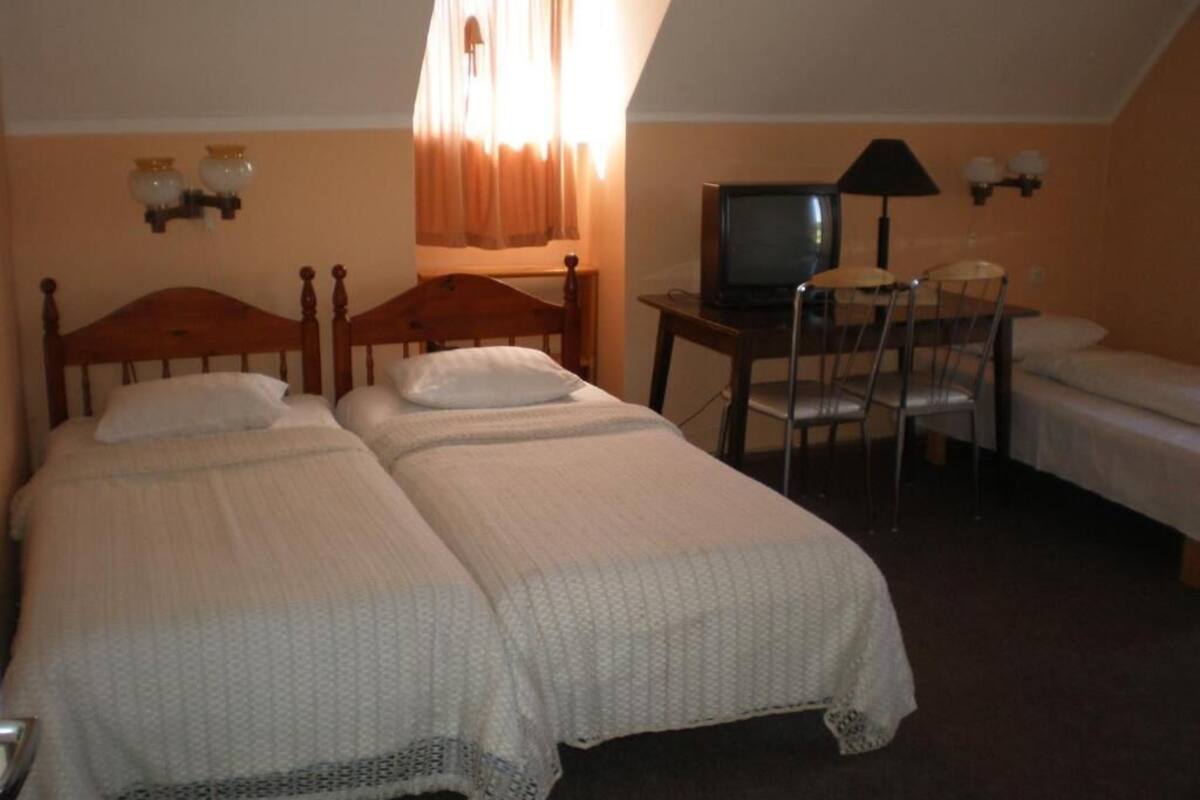 Une chambre avec deux lits simples, un téléviseur posé sur une petite table et une chaise.
