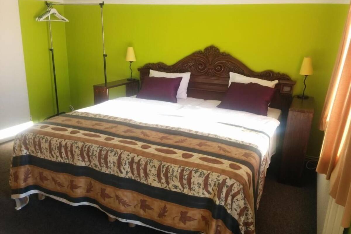 Un lit avec une couvre-lit à motifs, deux lampes de chevet et une tête de lit en bois.