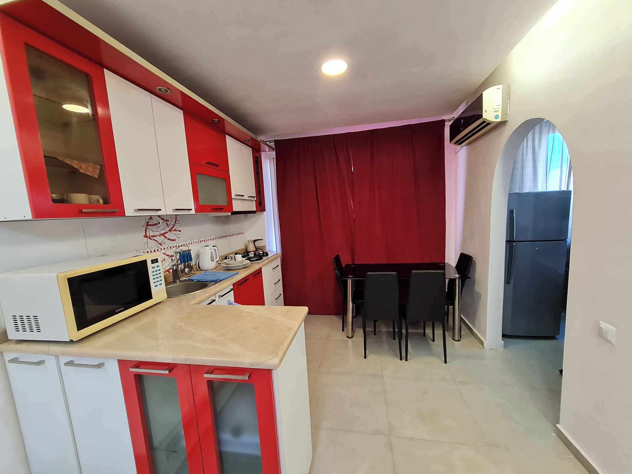 Fridge, microwave, stovetop, electric kettle