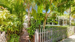 A pathway leading to a white house with a porch, surrounded by lush greenery and a wooden fence. - AMBER COTTAGE ~ Renovated 3 Bedroom, 3.5 Bathroom Home w/ Pool! (Key West)