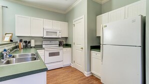 A kitchen with white cabinets, a microwave, a stove, and a refrigerator. - Loft on 3rd 616: 2  BR, 2  BA Condominium in Wilmington, Sleeps 4 (Wilmington)