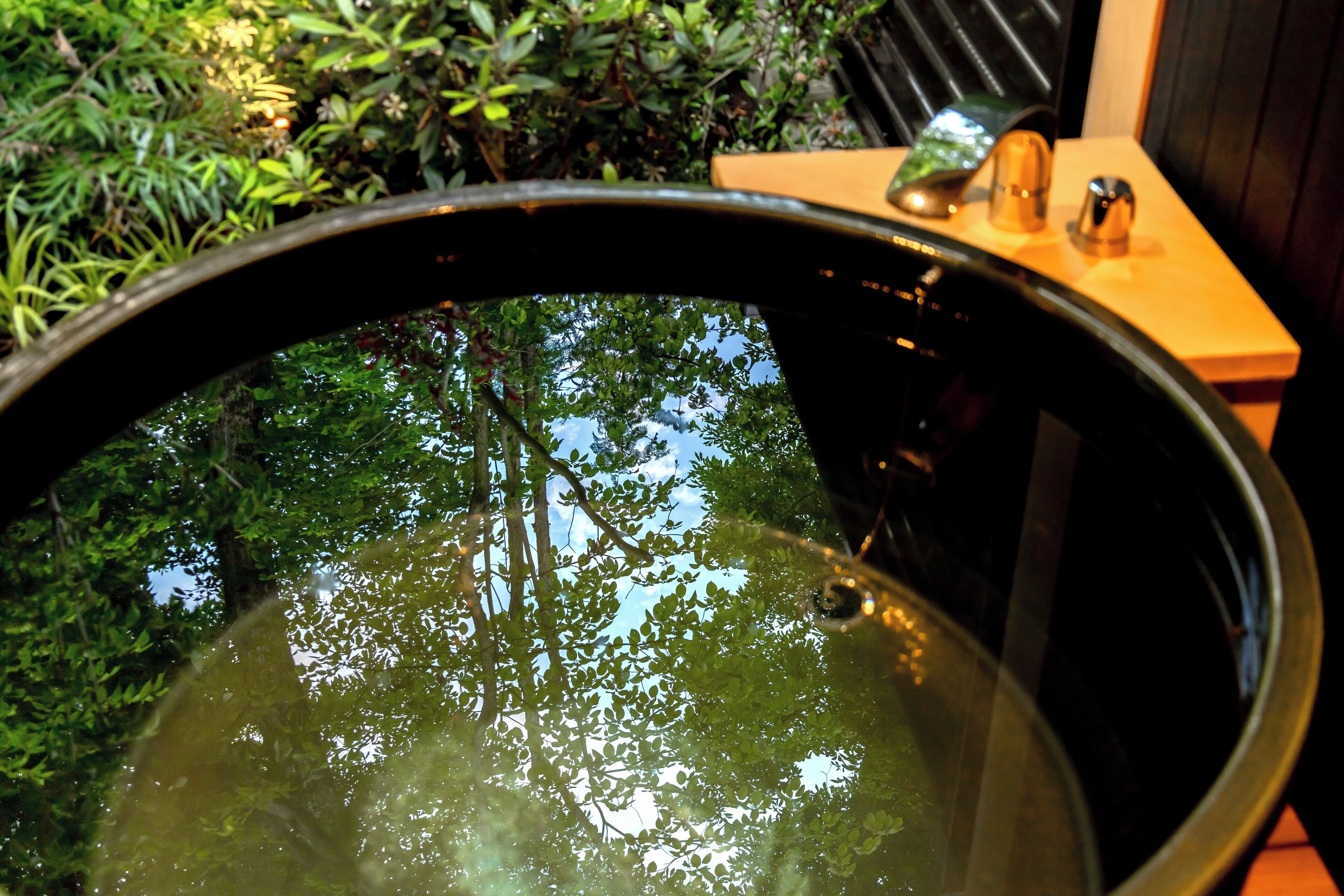 Una bañera negra grande con vistas a árboles a través del agua.