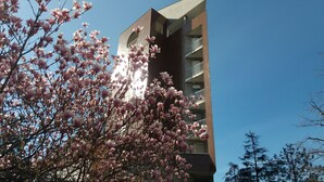 Ein Hochhaus mit mehreren Balkonen und blauem Himmel.