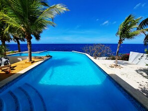 Une piscine avec vue sur l’océan, entourée de palmiers et bordée d’une plage de sable.