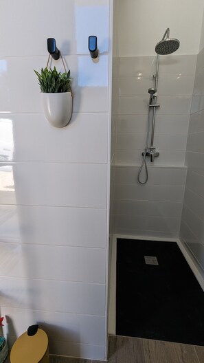 Douche, sèche-cheveux, serviettes fournies, papier toilette