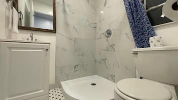 Shower, hair dryer, towels, toilet paper