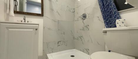 Shower, hair dryer, towels, toilet paper