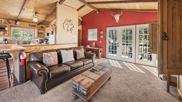 A cozy living room with a leather sofa, a coffee table, and a red wall with a bull's head decoration.