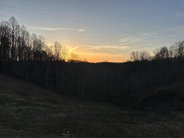 Paisagem natural com área arborizada e trilha de terra que conduz ao pôr do sol.