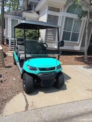 Une voiturette de golf turquoise est garée sur une allée.