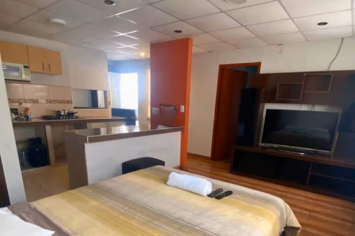 A hotel room with a large bed, a TV, a kitchen area, and a bathroom.