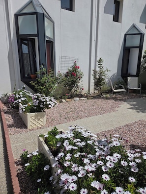 A building with a white exterior, a garden with white and pink flowers, and a gravel pathway. - Hôtel L'Etoile - Airport - A61 (Carcassonne)