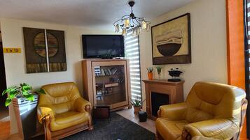 A living room with two leather chairs, a television, a cabinet with books, and a fireplace.