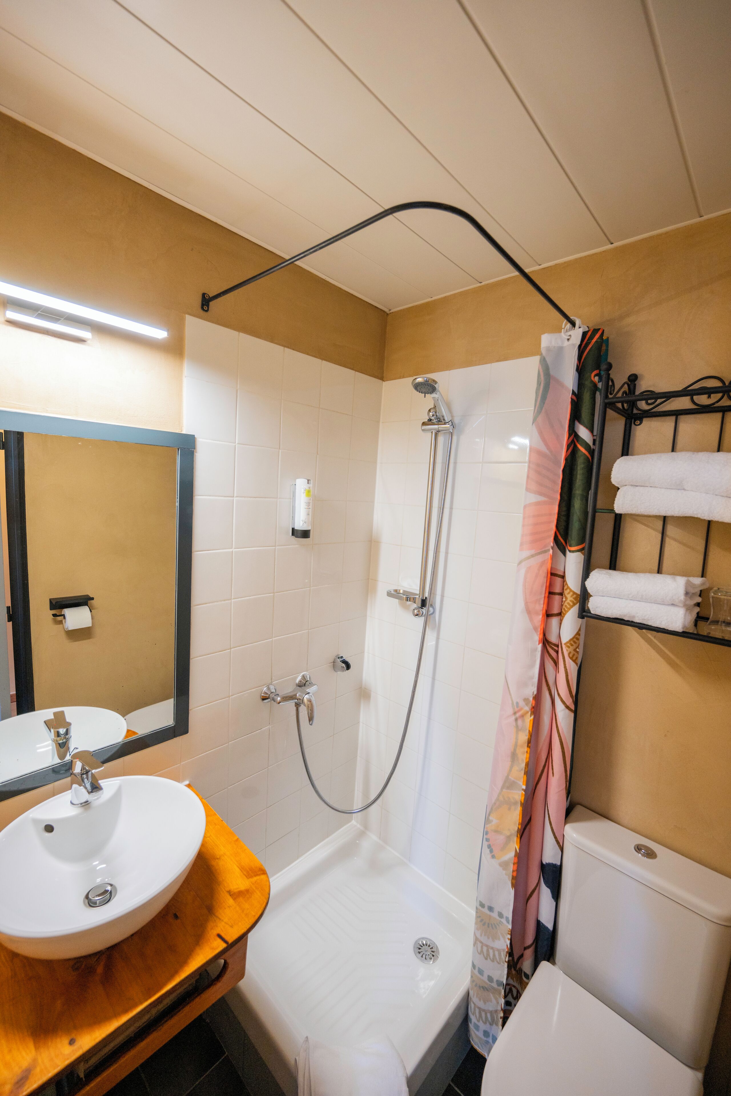 Une salle de bain avec un lavabo blanc, un miroir, une douche et des toilettes.