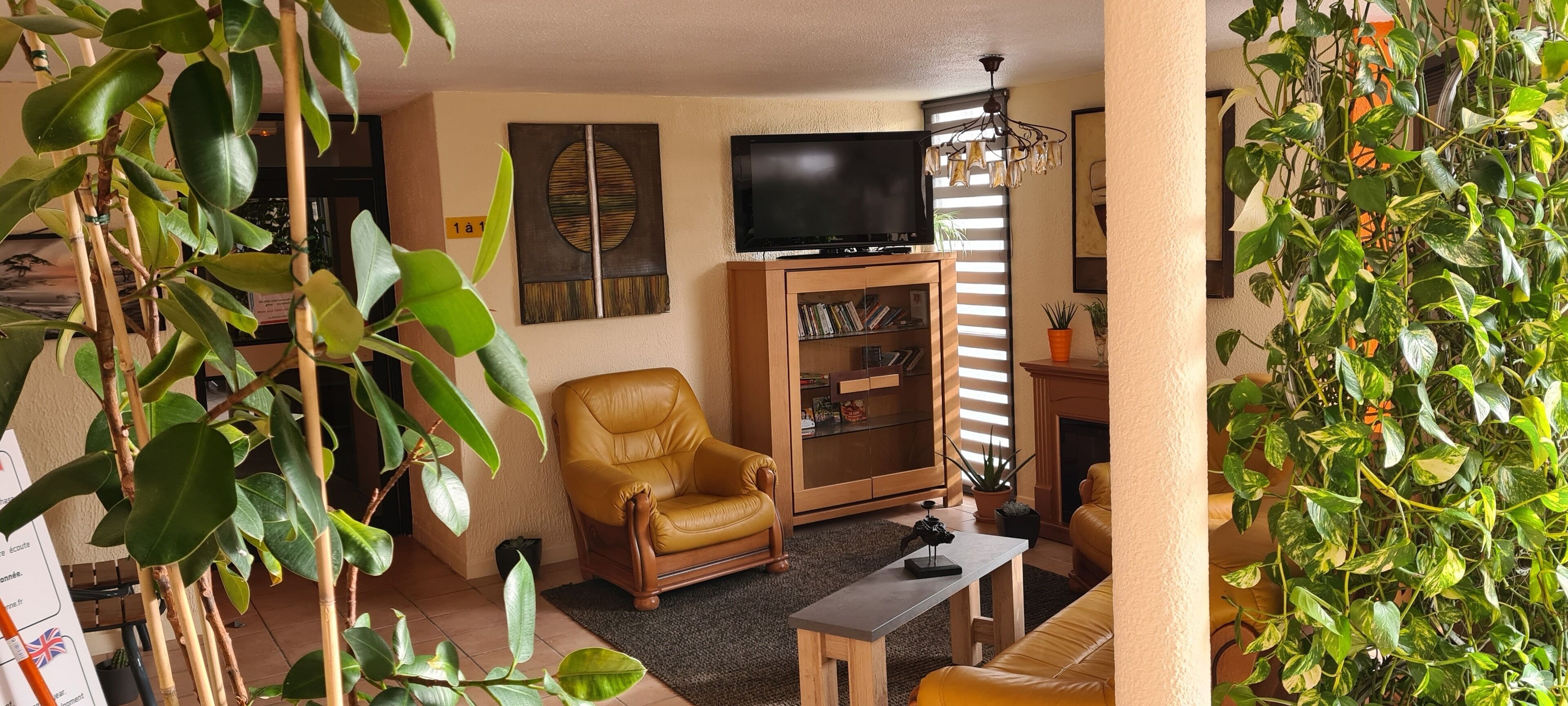 A living room with a leather armchair, a TV on a stand, a bookshelf, and a fireplace.