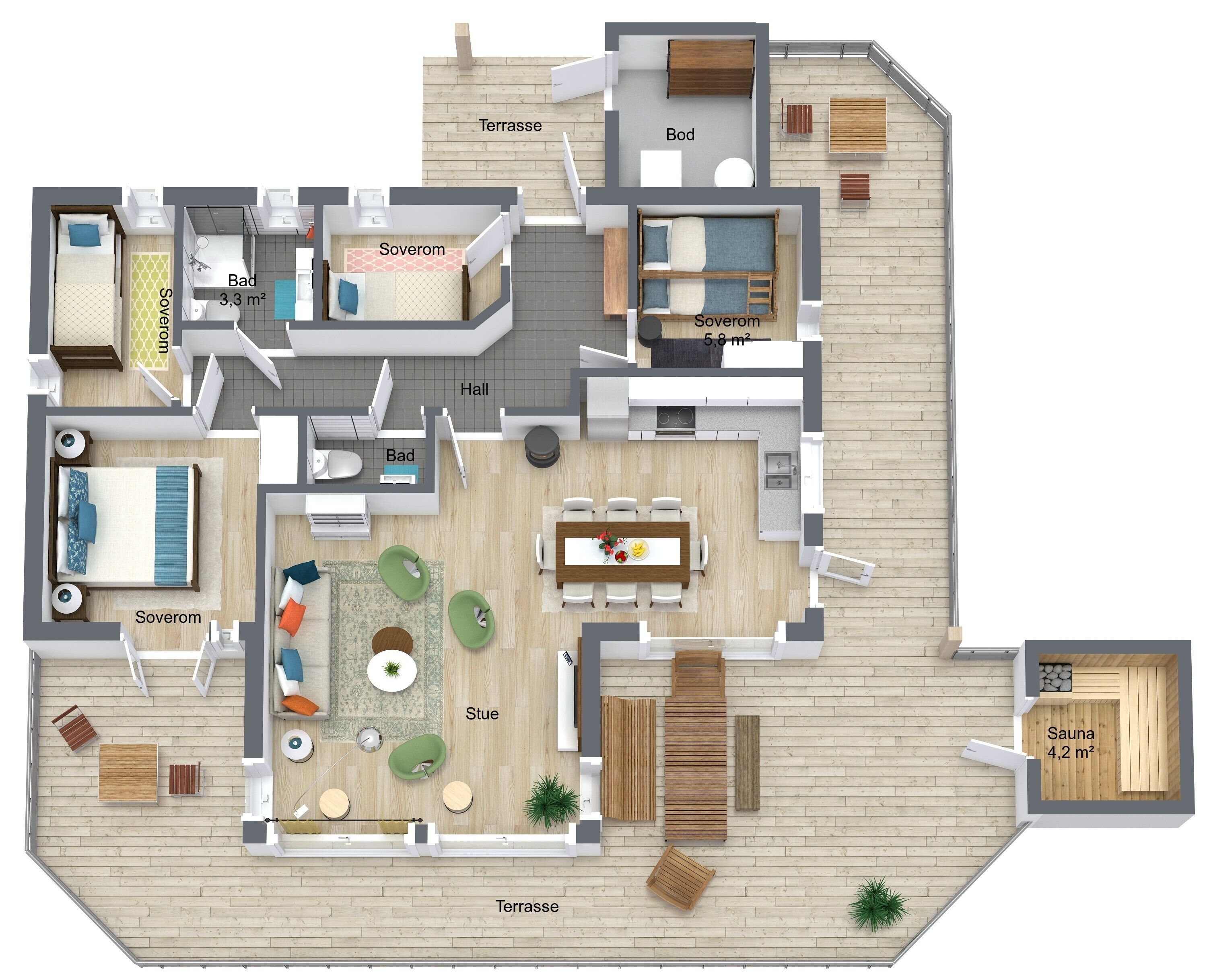 A 3D floor plan of a modern apartment with a living room, kitchen, two bedrooms, a bathroom, a terrace, and a sauna.