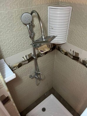 Regadera, toallas, jabón, shampoo 