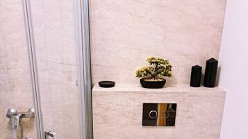 Hair dryer, towels, soap, toilet paper