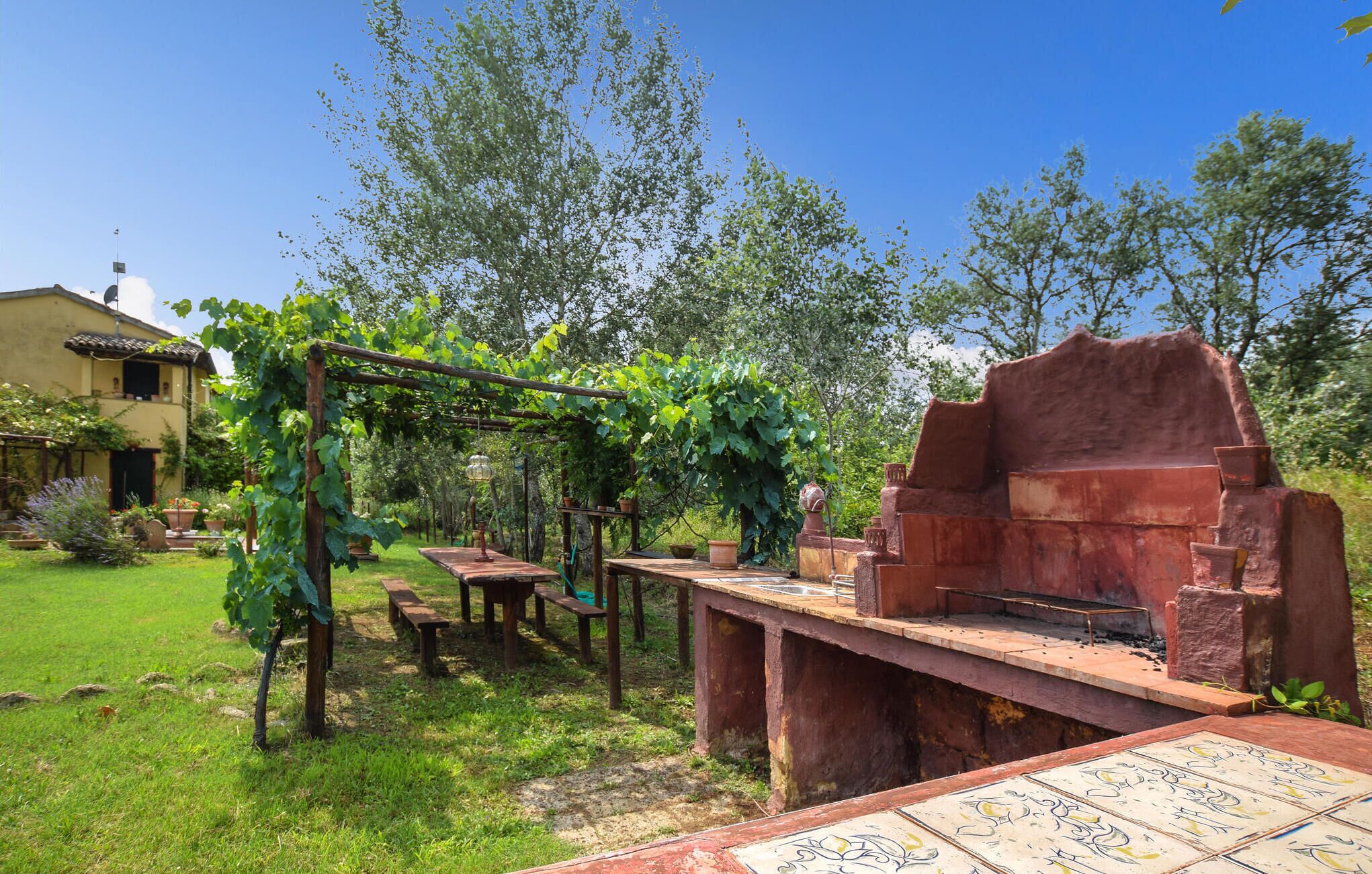 Een terras buiten met een barbecue, houten tafels en een pergola begroeid met wijnranken.