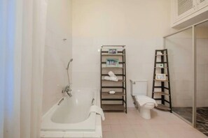 Shower, hair dryer, bidet, towels