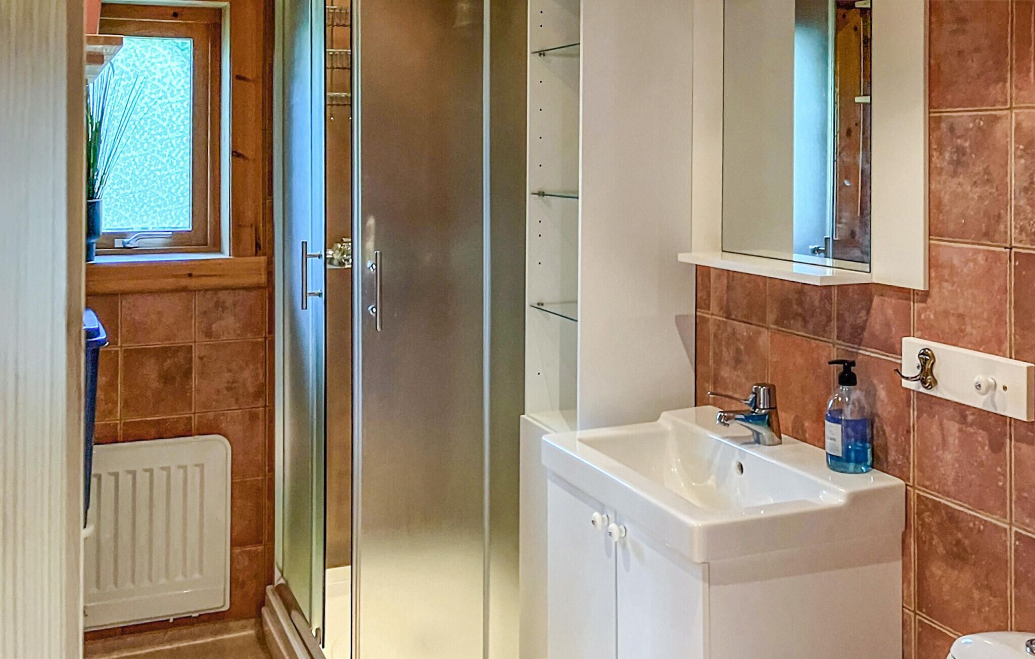 A bathroom with a white sink, a mirror above it, and a shower area.