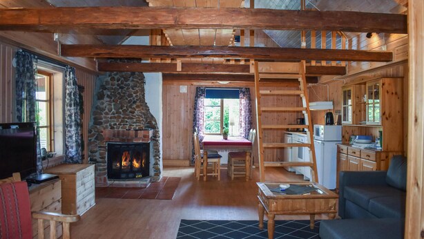 A cozy cabin interior with a stone fireplace, wooden furniture, and a loft area. - Awesome home in Backaryd (Backaryd)