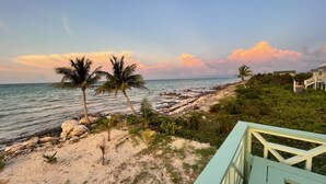 Una playa con palmeras, un litoral rocoso y un edificio de color azul claro.