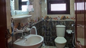 Hair dryer, towels, soap, toilet paper