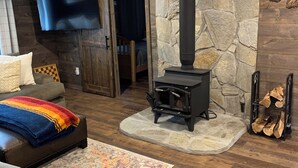 A cozy living room with a stone wall, a black wood-burning stove, a TV mounted on the wall, and a bed with a colorful blanket. - Minutes to town or very peaceful woods retreat! Close to trails and golf. (Lewiston)