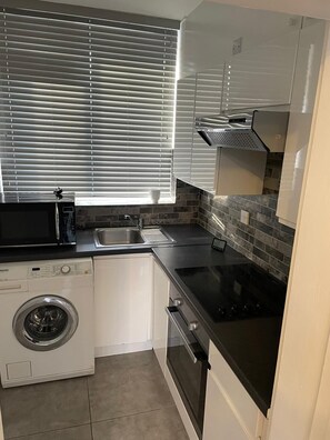 Fridge, microwave, oven, electric kettle