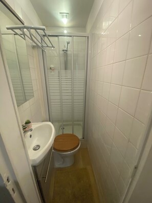 A compact bathroom with a toilet, sink, and glass shower enclosure.
