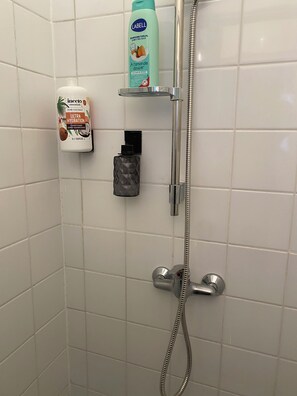 A shower area with a handheld showerhead, a bottle of shampoo, and a bottle of conditioner.