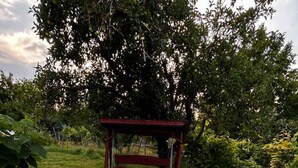 Een bovengronds zwembad met een houten terras en een pergola in een tuin.