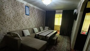 Une pièce comprenant un canapé, un tapis à motifs et un luminaire au plafond.
