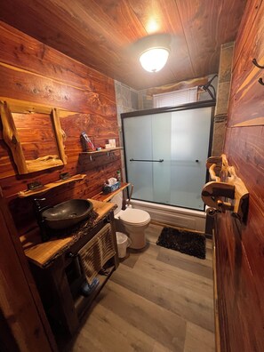 Hair dryer, towels, soap, shampoo