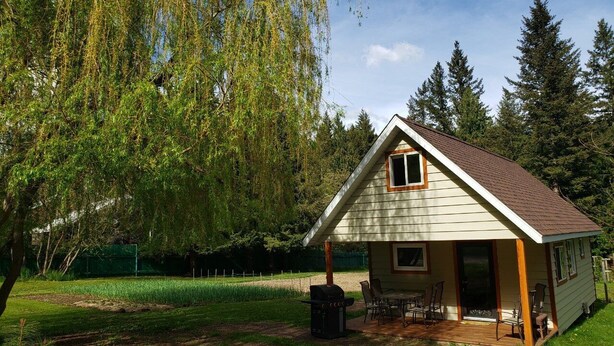 A small, single-story house with a porch and a barbecue grill in front.